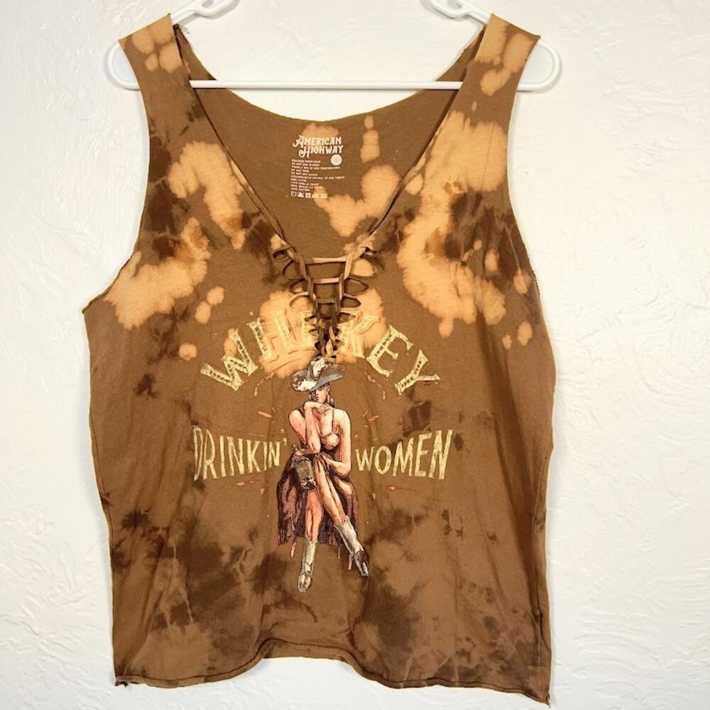 American Highway Whiskey Drinkin' Woman Tank Top Brown Tie Dye Bleached size L